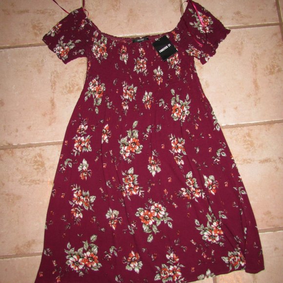 Forever 21 Burgundy Off The Shoulder Floral Dress - Picture 1 of 3